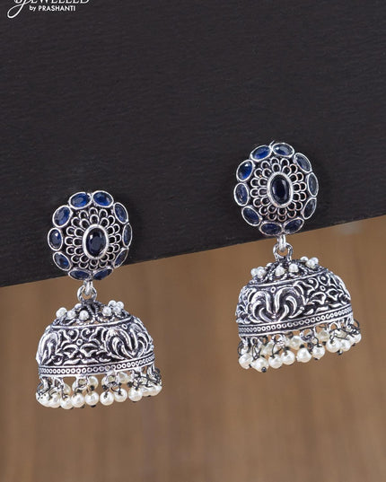 Oxidised jhumka with sapphire stones and pearl hangings - {{ collection.title }} by Prashanti Sarees