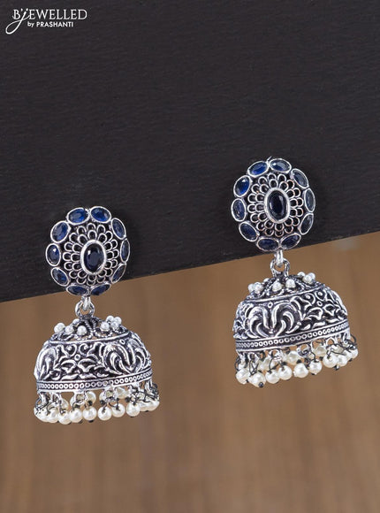 Oxidised jhumka with sapphire stones and pearl hangings - {{ collection.title }} by Prashanti Sarees