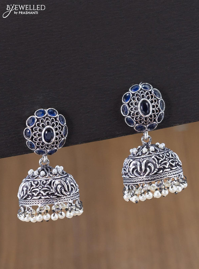 Oxidised jhumka with sapphire stones and pearl hangings - {{ collection.title }} by Prashanti Sarees