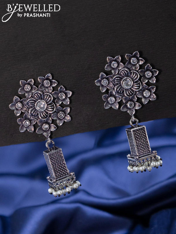 Oxidised jhumkas floral design with cz stones - {{ collection.title }} by Prashanti Sarees