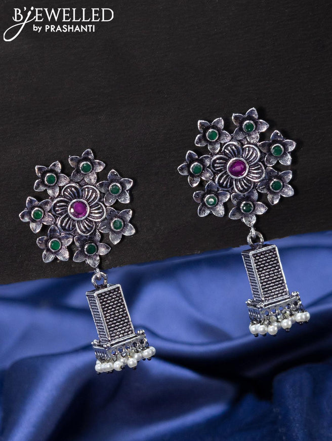 Oxidised jhumkas floral design with kemp stones - {{ collection.title }} by Prashanti Sarees