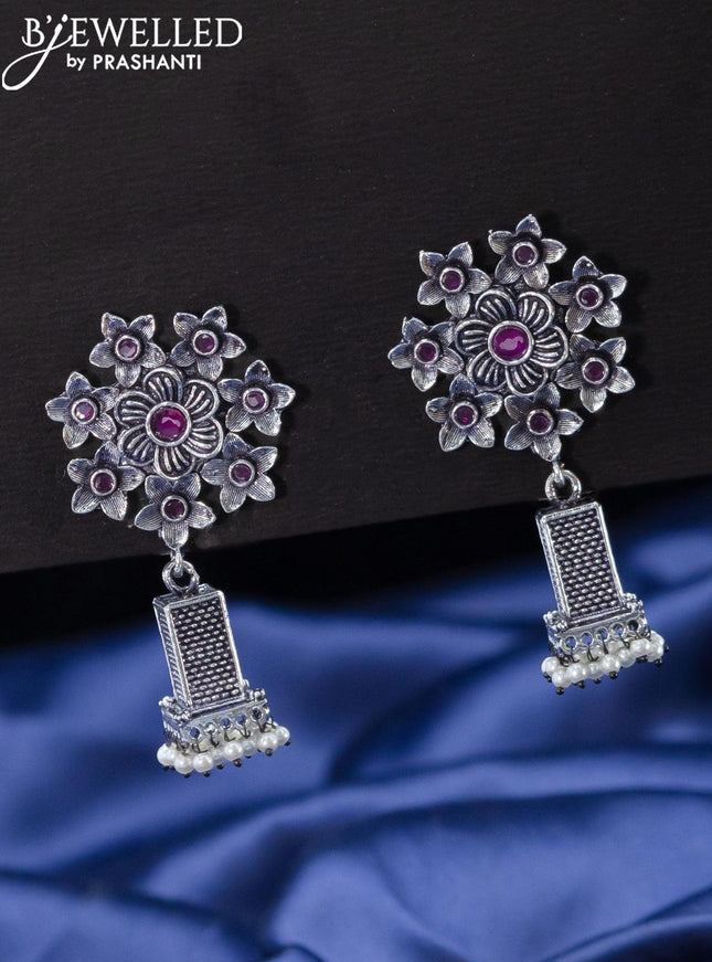 Oxidised jhumkas floral design with ruby stones - {{ collection.title }} by Prashanti Sarees