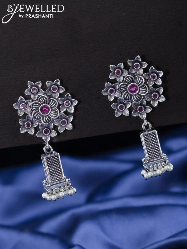Oxidised jhumkas floral design with ruby stones - {{ collection.title }} by Prashanti Sarees