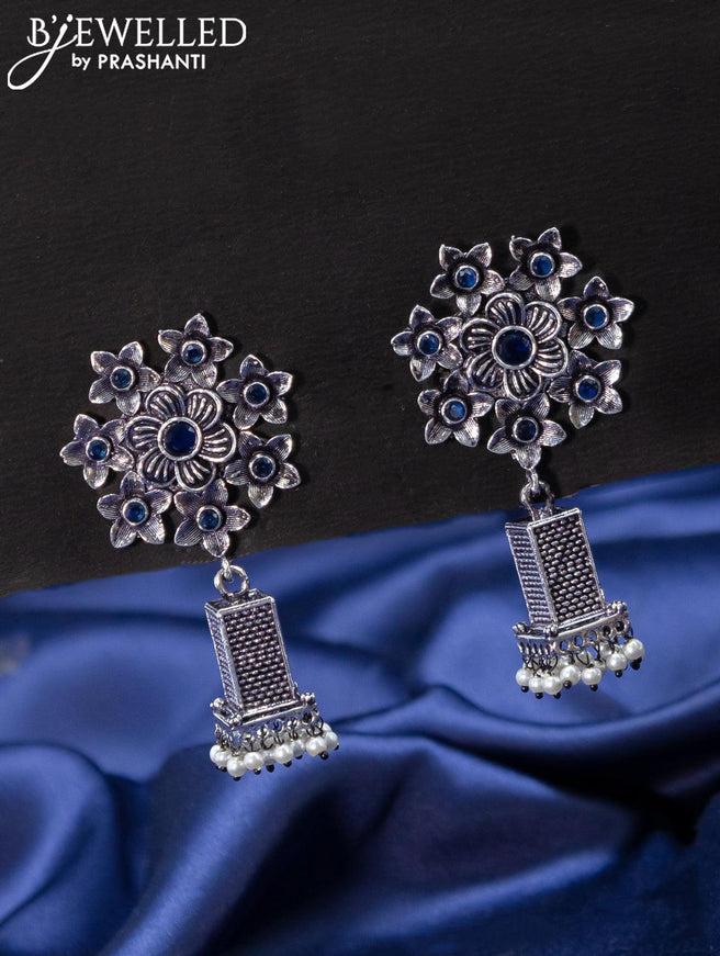 Oxidised jhumkas floral design with sapphire stones - {{ collection.title }} by Prashanti Sarees