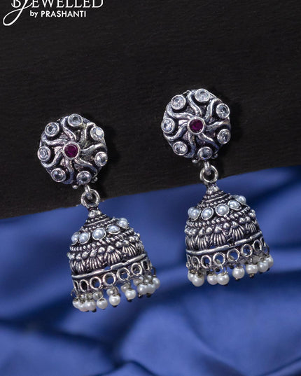 Oxidised jhumkas ruby and cz stones with pearl hangings - {{ collection.title }} by Prashanti Sarees