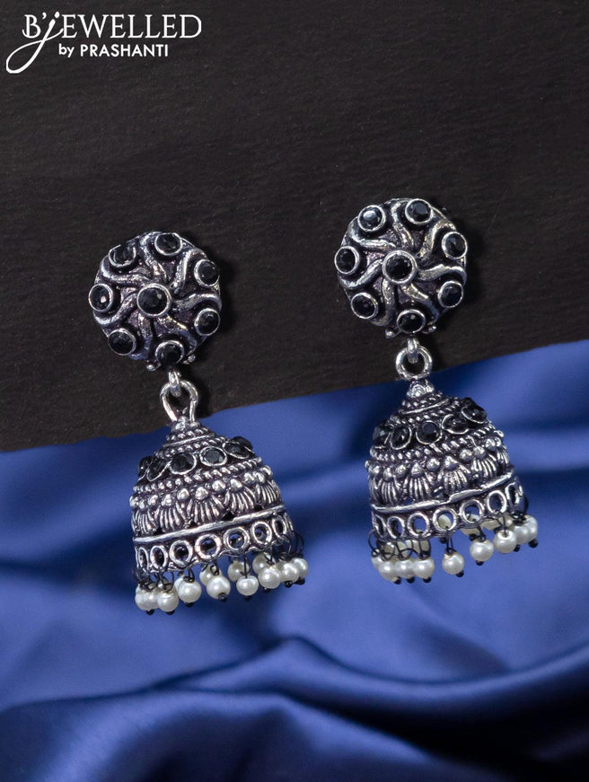 Oxidised jhumkas with black stones and pearl hangings - {{ collection.title }} by Prashanti Sarees