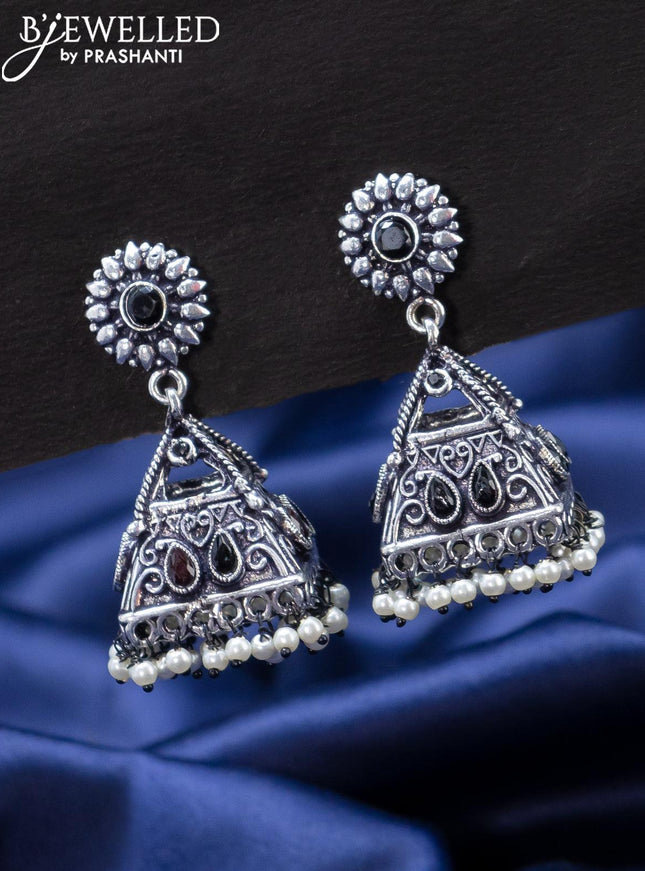 Oxidised jhumkas with black stones and pearl hangings - {{ collection.title }} by Prashanti Sarees