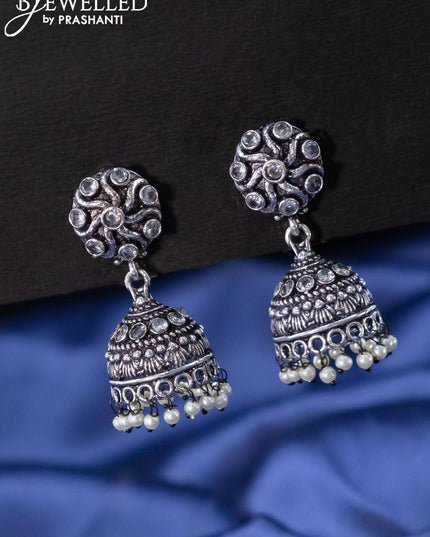 Oxidised jhumkas with cz stones and pearl hangings - {{ collection.title }} by Prashanti Sarees