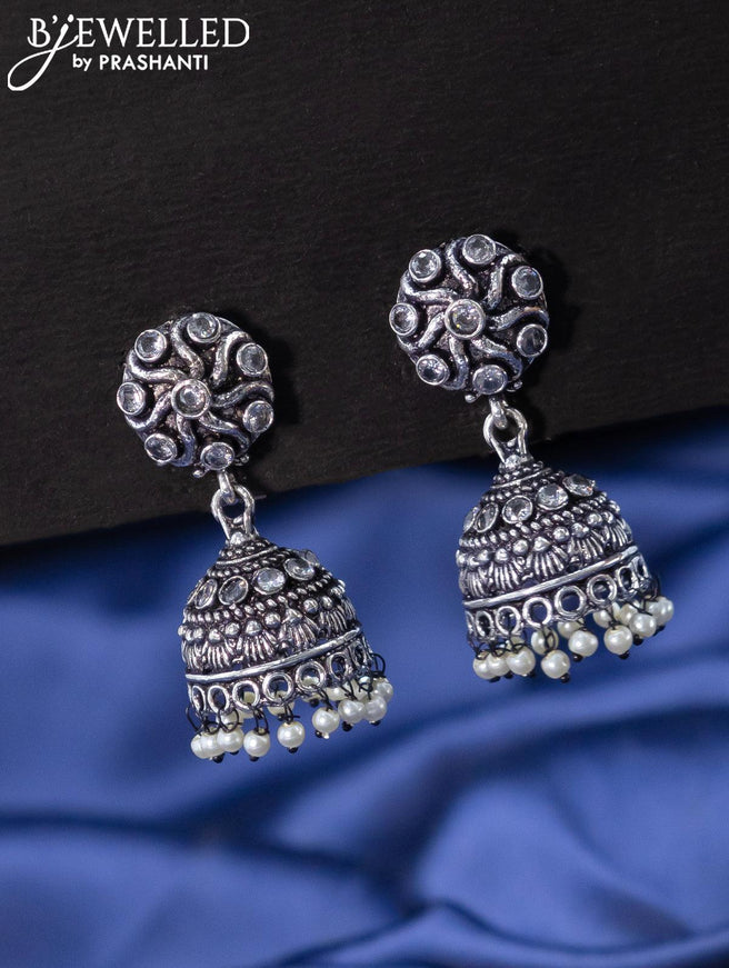 Oxidised jhumkas with cz stones and pearl hangings - {{ collection.title }} by Prashanti Sarees