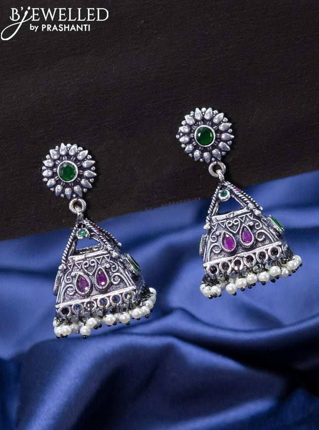 Oxidised jhumkas with kemp stones and pearl hangings - {{ collection.title }} by Prashanti Sarees