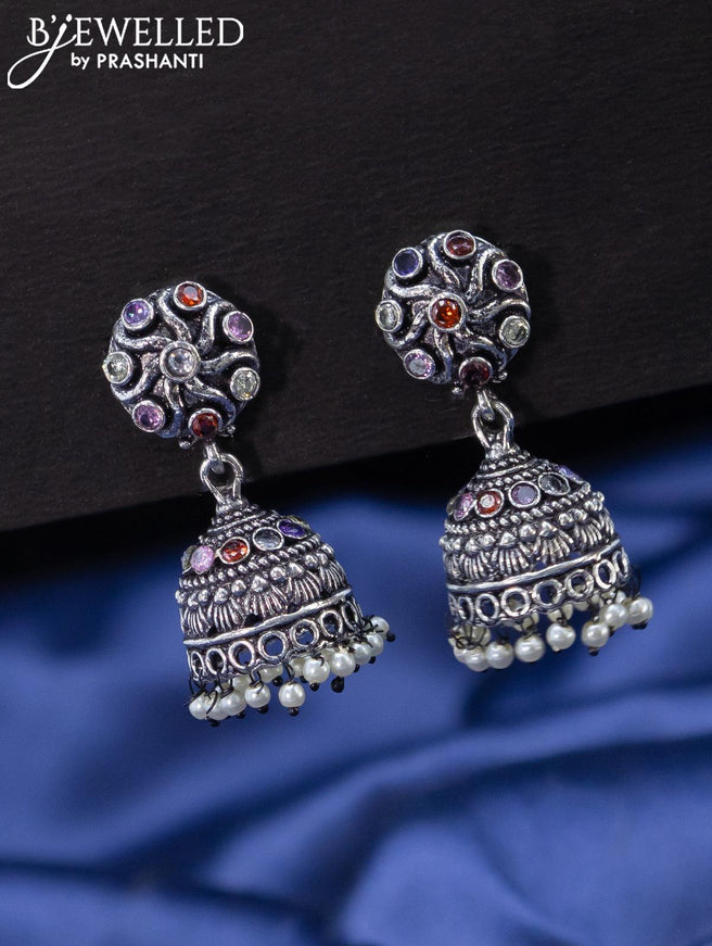 Oxidised jhumkas with multicolour stones and pearl hangings - {{ collection.title }} by Prashanti Sarees