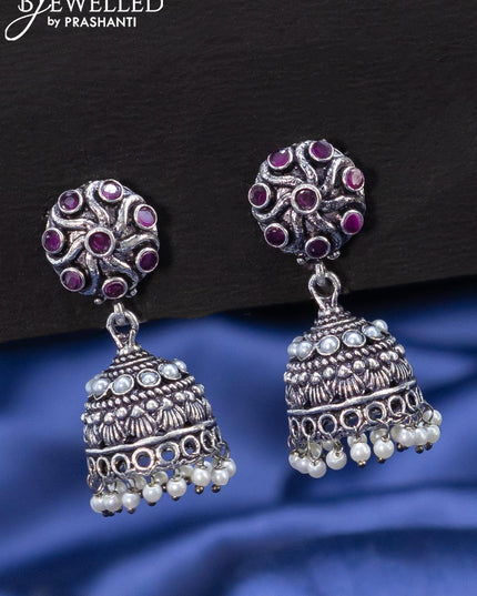 Oxidised jhumkas with ruby stones and pearl hangings - {{ collection.title }} by Prashanti Sarees
