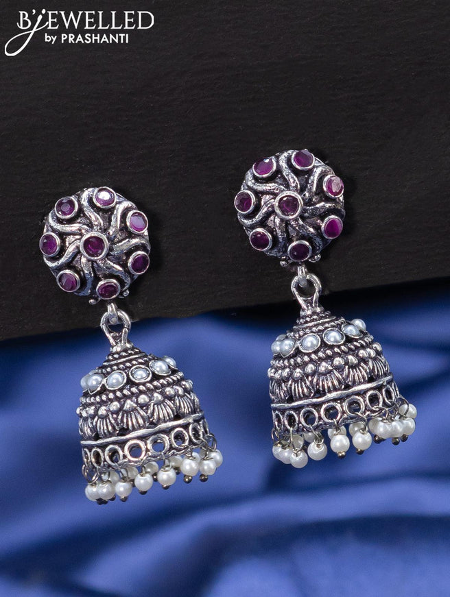 Oxidised jhumkas with ruby stones and pearl hangings - {{ collection.title }} by Prashanti Sarees