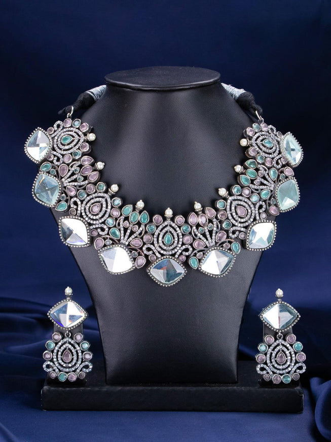 Oxidised necklace baby pink and mint green stones with mirror work - {{ collection.title }} by Prashanti Sarees