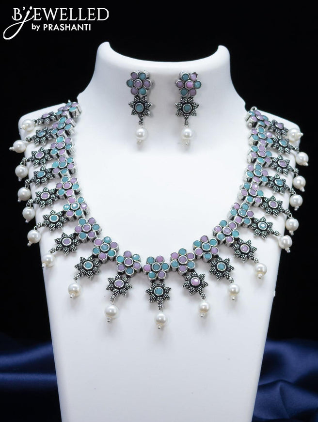 Oxidised necklace floral design baby pink and light blue stone with pearl hangings - {{ collection.title }} by Prashanti Sarees