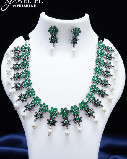 Oxidised necklace floral design with emerald stone and pearl hangings - {{ collection.title }} by Prashanti Sarees