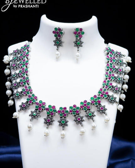 Oxidised necklace floral design with kemp stone and pearl hangings - {{ collection.title }} by Prashanti Sarees