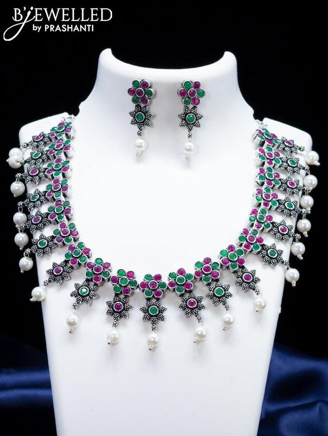 Oxidised necklace floral design with kemp stone and pearl hangings - {{ collection.title }} by Prashanti Sarees