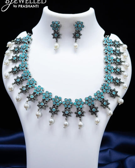 Oxidised necklace floral design with light blue stone and pearl hangings - {{ collection.title }} by Prashanti Sarees