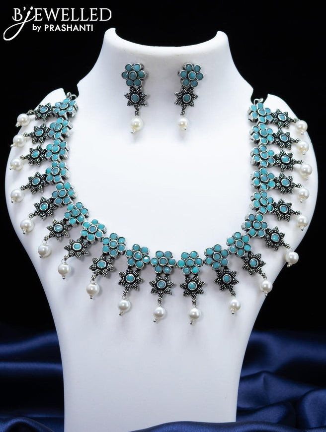 Oxidised necklace floral design with light blue stone and pearl hangings - {{ collection.title }} by Prashanti Sarees