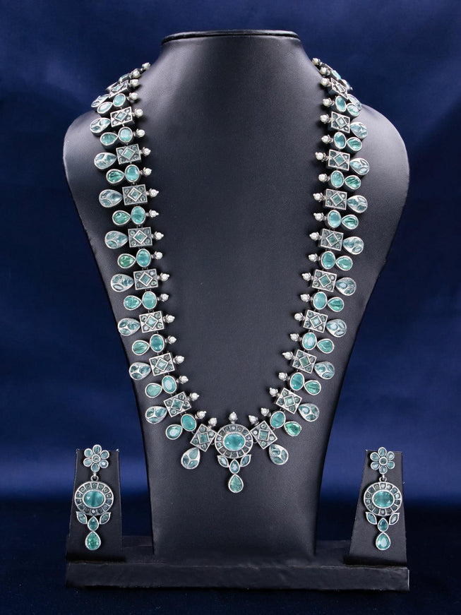 Oxidised necklace floral design with mint green stones - {{ collection.title }} by Prashanti Sarees