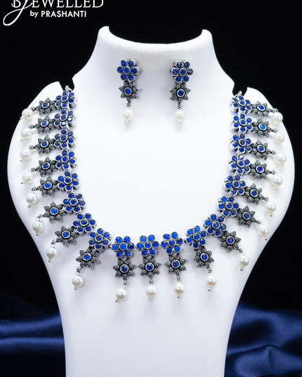 Oxidised necklace floral design with sapphire stone and pearl hangings - {{ collection.title }} by Prashanti Sarees