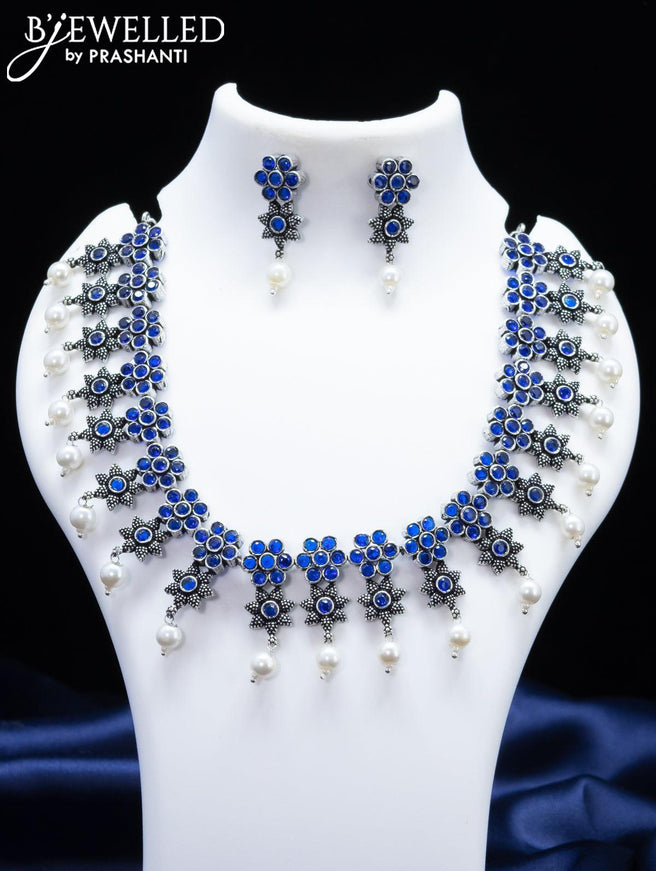 Oxidised necklace floral design with sapphire stone and pearl hangings - {{ collection.title }} by Prashanti Sarees
