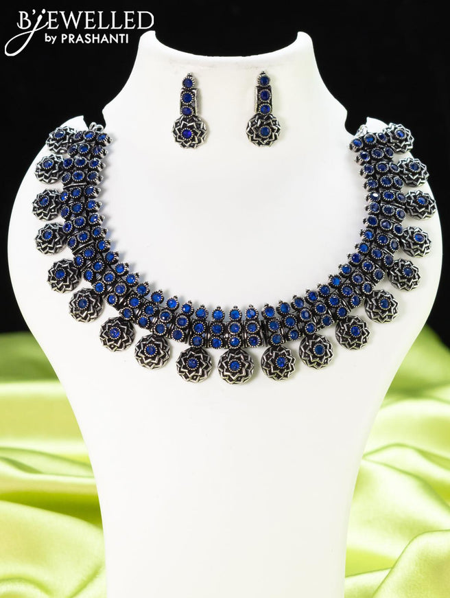 Oxidised necklace floral design with sapphire stone - {{ collection.title }} by Prashanti Sarees