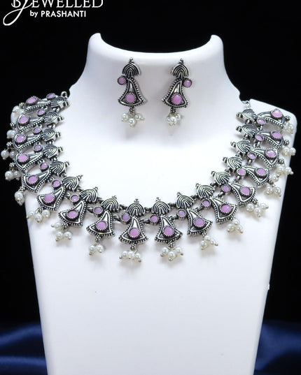 Oxidised necklace with baby pink stone and pearl hangings - {{ collection.title }} by Prashanti Sarees