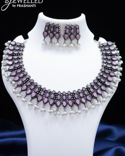 Oxidised necklace with baby pink stone and pearl hangings - {{ collection.title }} by Prashanti Sarees