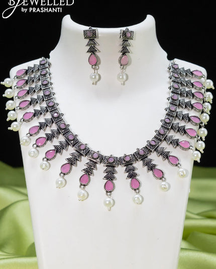 Oxidised necklace with baby pink stones and pearl hangings - {{ collection.title }} by Prashanti Sarees