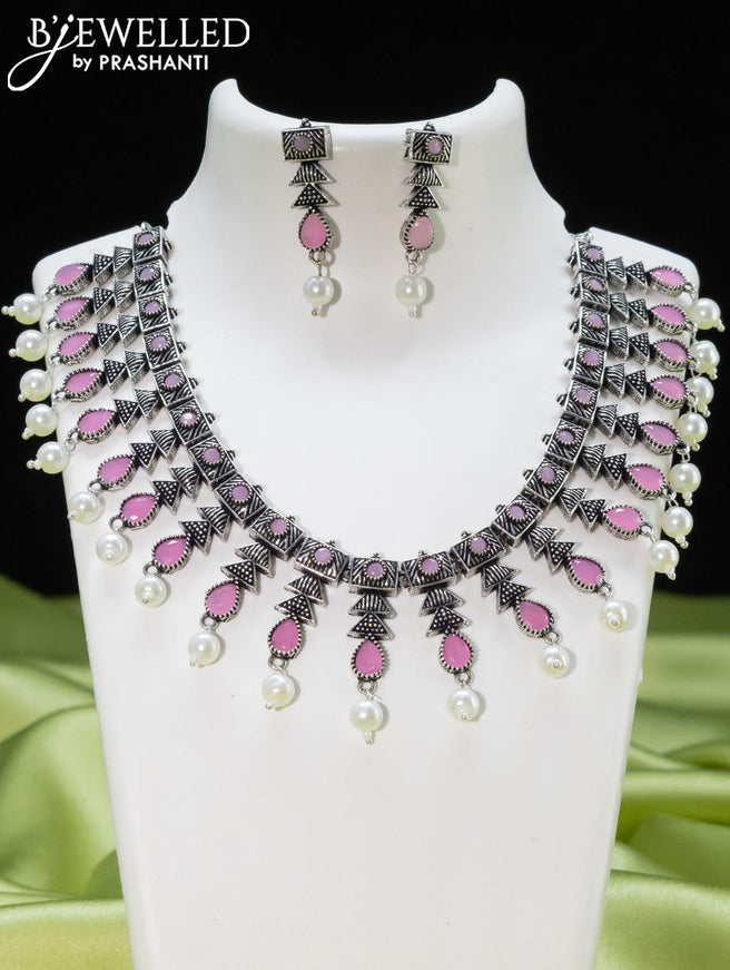 Oxidised necklace with baby pink stones and pearl hangings - {{ collection.title }} by Prashanti Sarees