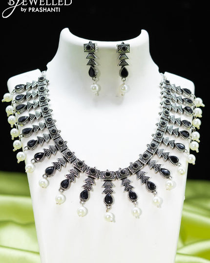 Oxidised necklace with black stones and pearl hangings - {{ collection.title }} by Prashanti Sarees