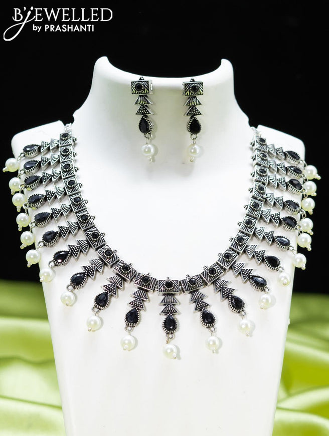 Oxidised necklace with black stones and pearl hangings - {{ collection.title }} by Prashanti Sarees