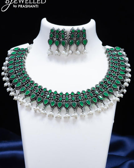 Oxidised necklace with emerald stone and pearl hangings - {{ collection.title }} by Prashanti Sarees