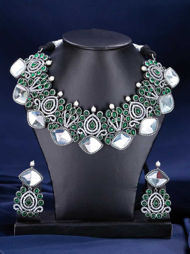 Oxidised necklace with emerald stones and mirror work - {{ collection.title }} by Prashanti Sarees