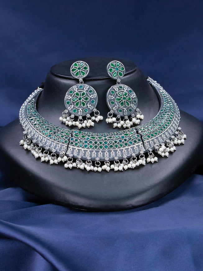 Oxidised necklace with emerald stones and pearl hangings - {{ collection.title }} by Prashanti Sarees