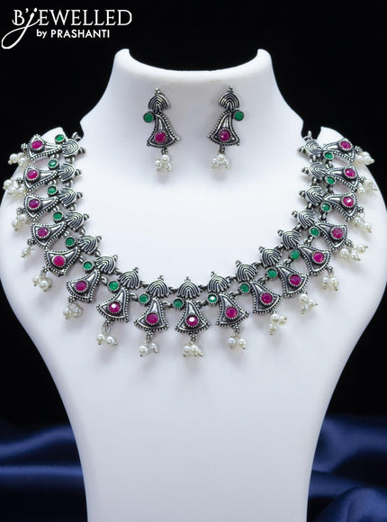 Oxidised necklace with kemp stone and pearl hangings - {{ collection.title }} by Prashanti Sarees