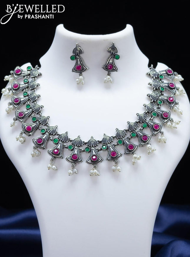 Oxidised necklace with kemp stone and pearl hangings - {{ collection.title }} by Prashanti Sarees