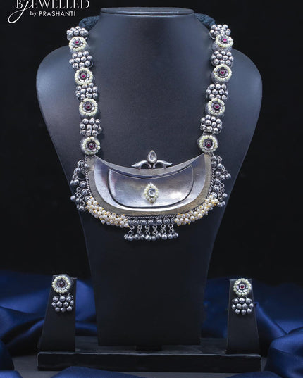 Oxidised necklace with kemp stones and pearl hangings - {{ collection.title }} by Prashanti Sarees
