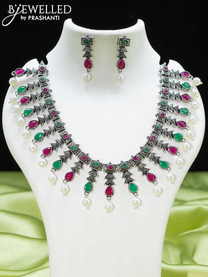 Oxidised necklace with kemp stones and pearl hangings - {{ collection.title }} by Prashanti Sarees