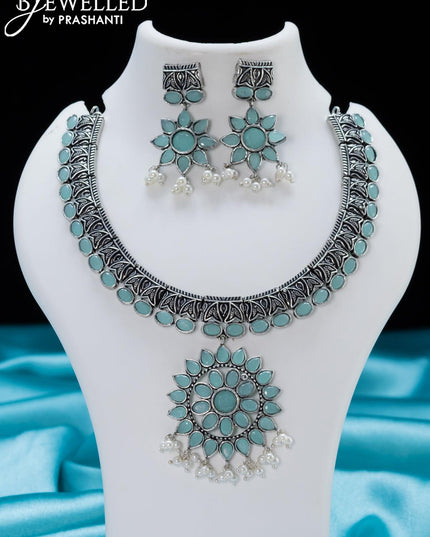 Oxidised necklace with light blue stone and floral pendant - {{ collection.title }} by Prashanti Sarees