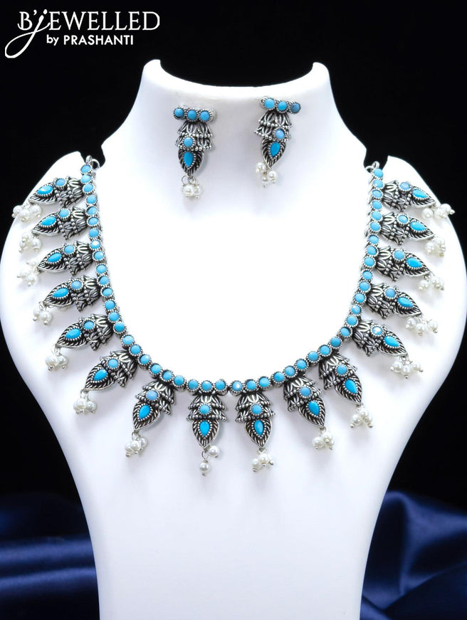 Oxidised necklace with light blue stone and pearl hangings - {{ collection.title }} by Prashanti Sarees
