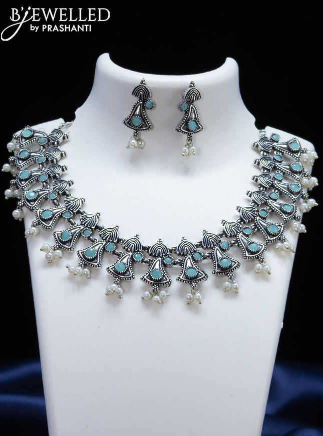 Oxidised necklace with light blue stone and pearl hangings - {{ collection.title }} by Prashanti Sarees