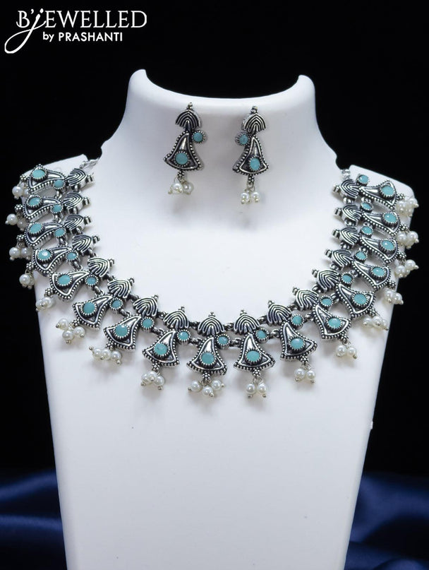 Oxidised necklace with light blue stone and pearl hangings - {{ collection.title }} by Prashanti Sarees