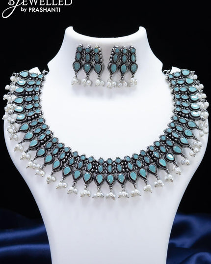 Oxidised necklace with light blue stone and pearl hangings - {{ collection.title }} by Prashanti Sarees
