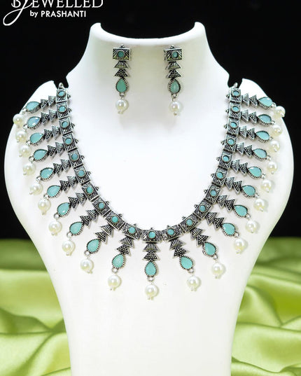 Oxidised necklace with light blue stones and pearl hangings - {{ collection.title }} by Prashanti Sarees