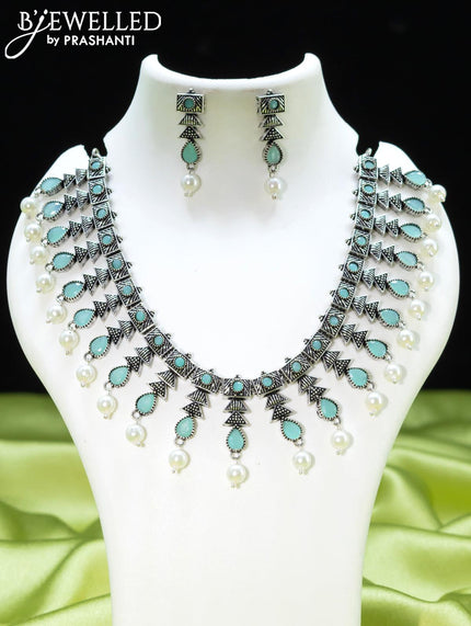Oxidised necklace with light blue stones and pearl hangings - {{ collection.title }} by Prashanti Sarees