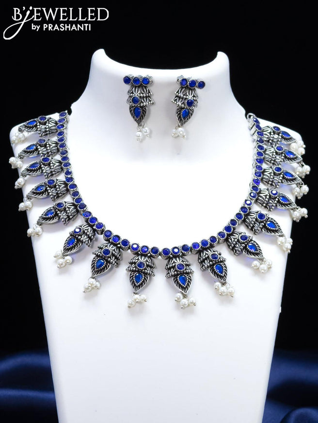 Oxidised necklace with sapphire stone and pearl hangings - {{ collection.title }} by Prashanti Sarees