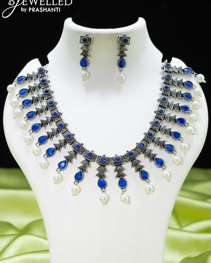 Oxidised necklace with sapphire stones and pearl hangings - {{ collection.title }} by Prashanti Sarees